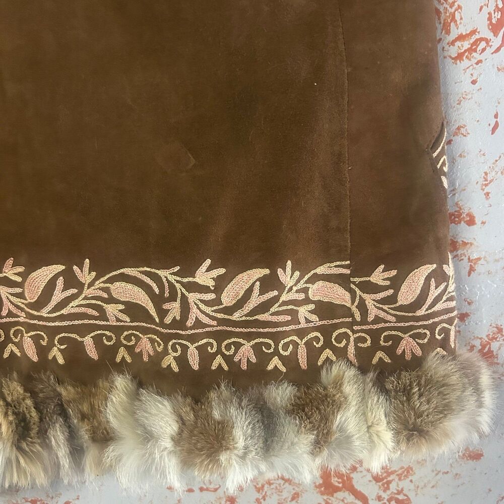 Boho Embroidered Faux Fur Trim Vest Brown Faux Suede Western Festival Small - Picture 7 of 9